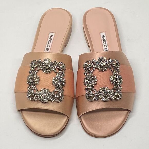 Manolo Blahnik Beige Satin Jewel Buckled Flat Sandals size 37 - Picture 5 of 15